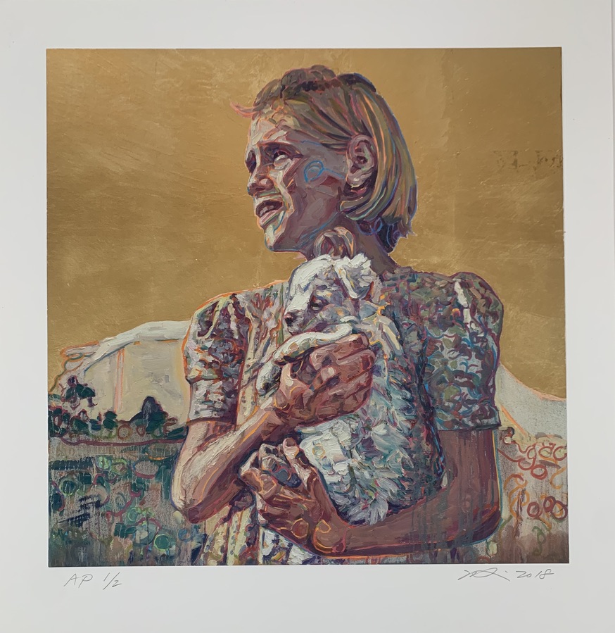 Hung Liu - Girl with Puppy - Gold