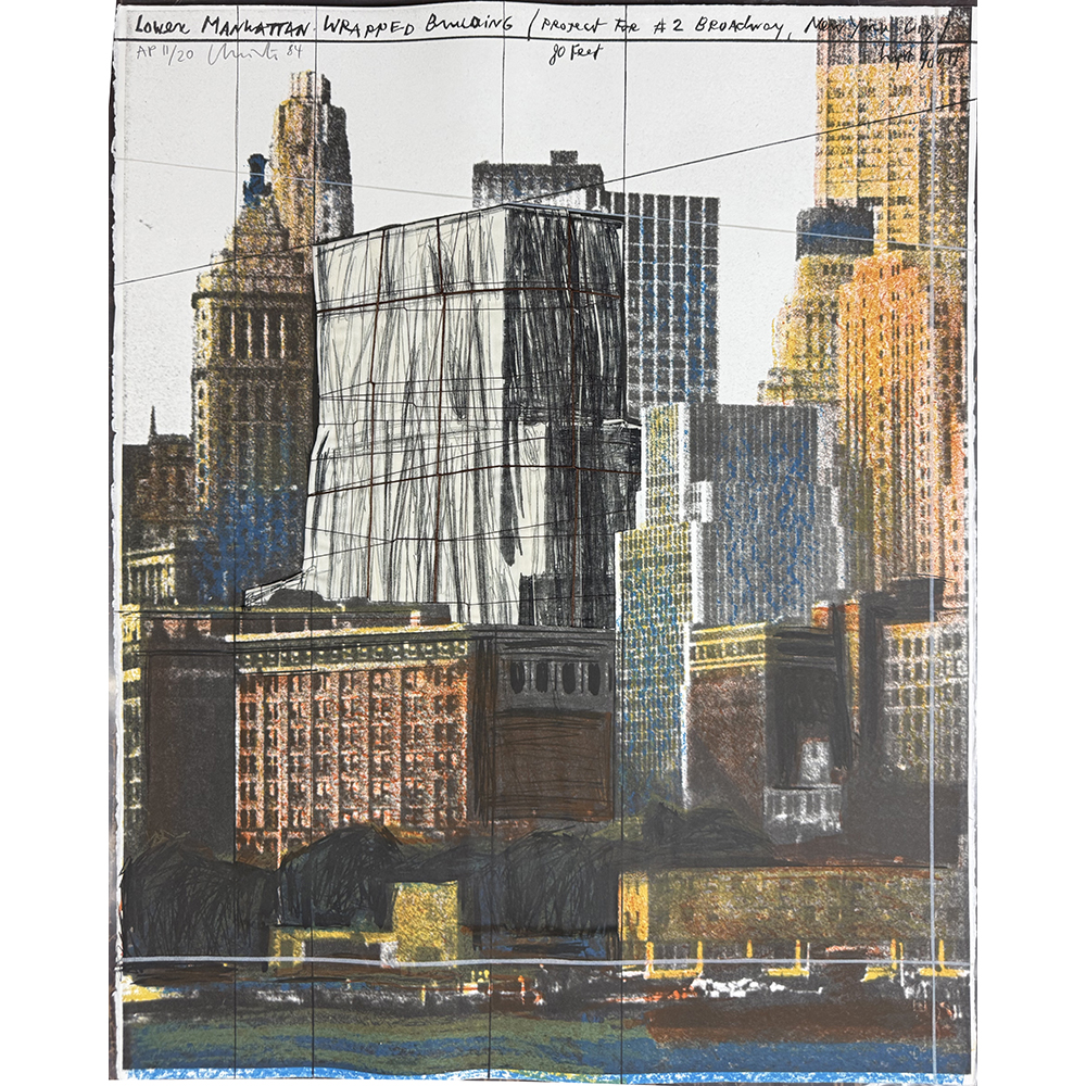 Christo and Jeanne-Claude - Lower Manhattan wrapped building, project for 2 Broadway, New York,