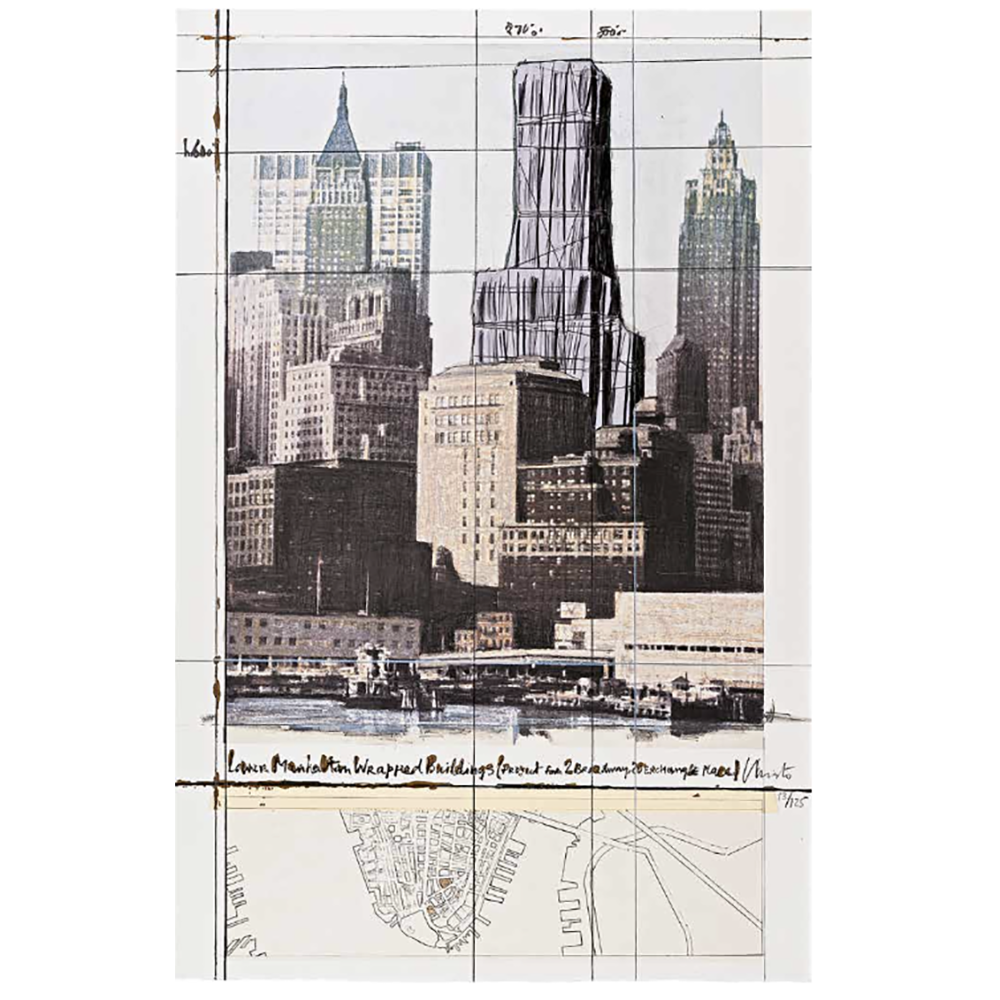 Christo and Jeanne-Claude - Lower Manhattan Wrapped Buildings, Project for 2 Broadway, 20 Exchange Place