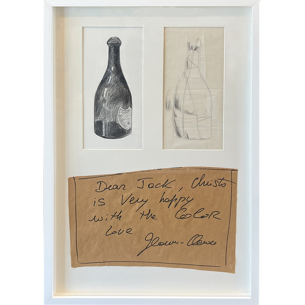 Christo and Jeanne-Claude - Champagne bottle, fabric, handwritten note to Jack from Jeanne-Claude